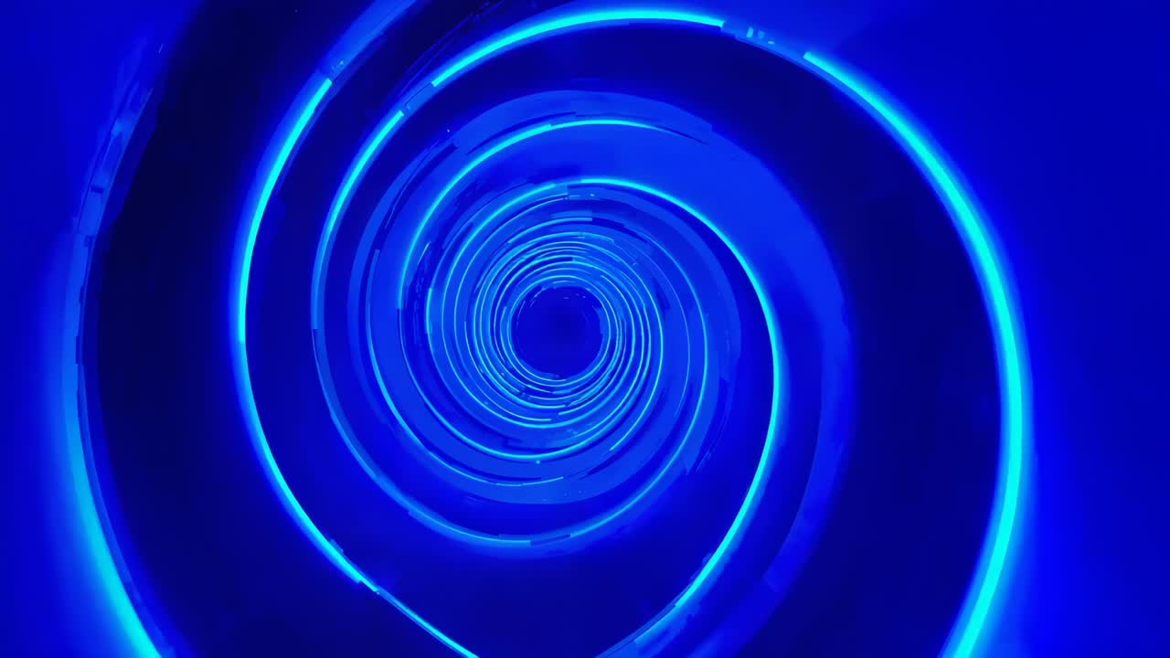 Tunnel a spirale blu luminoso rotante con anelli che si stringono in un tubo all'avvio, creando l'illusione di un viaggio