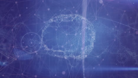 animación de redes de conexiones con el cerebro humano girando sobre un fondo azul