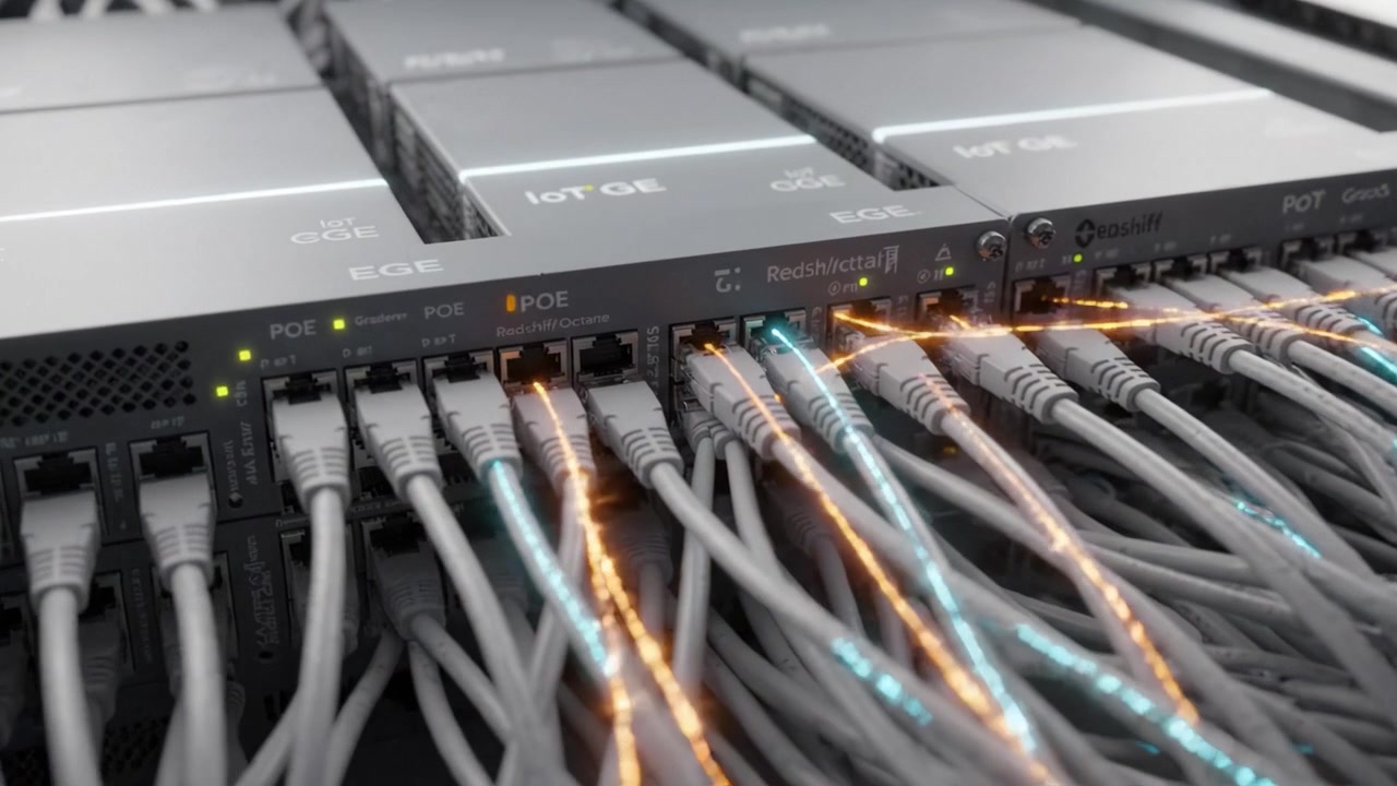 High-tech Networking Equipment with Illumination and Cropped Cables Inside a Server Container Showcasing Modern IT Infrastructure and Connectivity Solutions