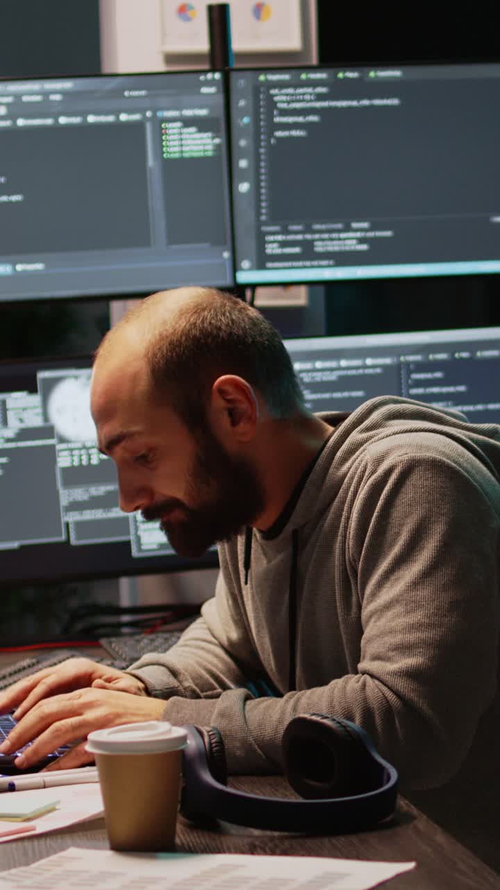 Vertical video: Young programmer typing server code on multiple monitors