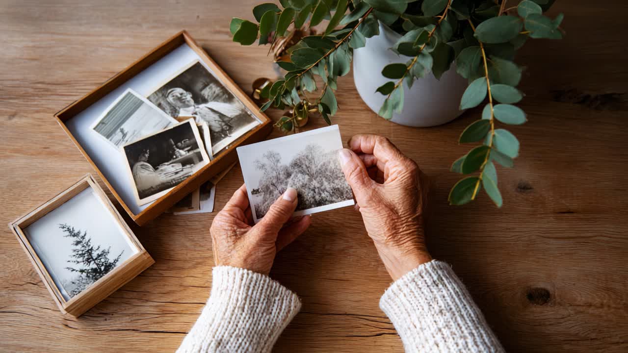 An Old Memory: A Person Holding Vintage Photographs Surrounded by a Cozy Indoor Setting with a Potted Plant and Wooden Table, Evoking Nostalgia and Reflection