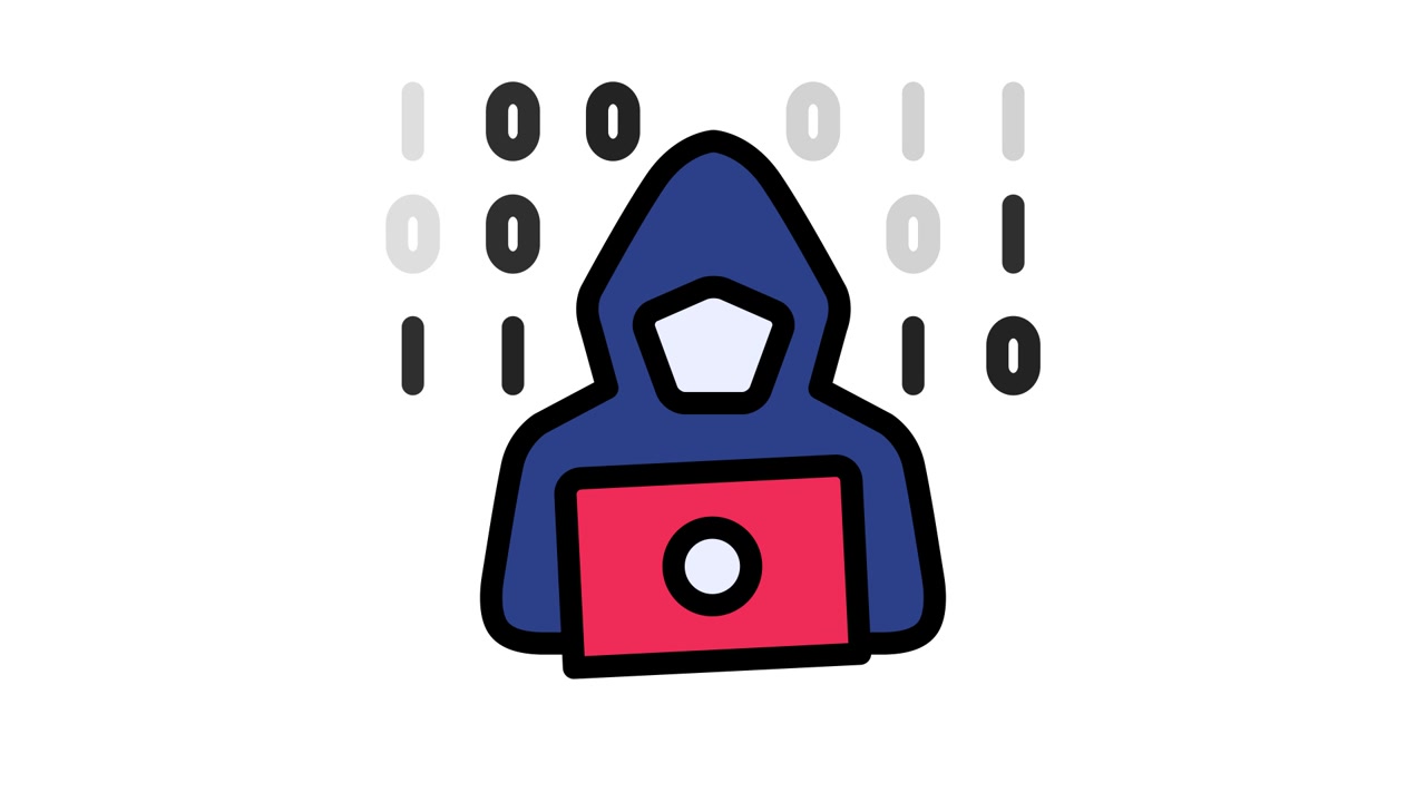Animated Icon of Hacker Working on Laptop with Binary Code