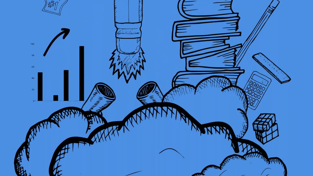 animación de los iconos de los artículos escolares que se mueven sobre un fondo azul