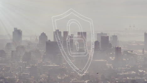 animation of padlock and shield icon over modern cityscape