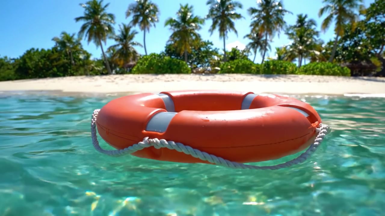 A Bright Orange Lifebuoy Floating Gracefully in Crystal Clear Waters Along a Serene Tropical Beach Surrounded by Lush Palm Trees and Tranquil Shoreline