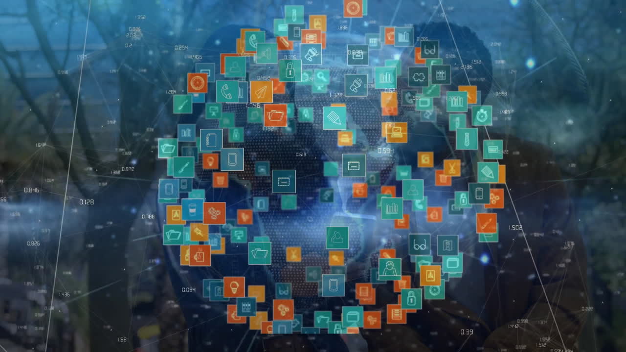 Forming globe shape, digital icons in animation over technology background