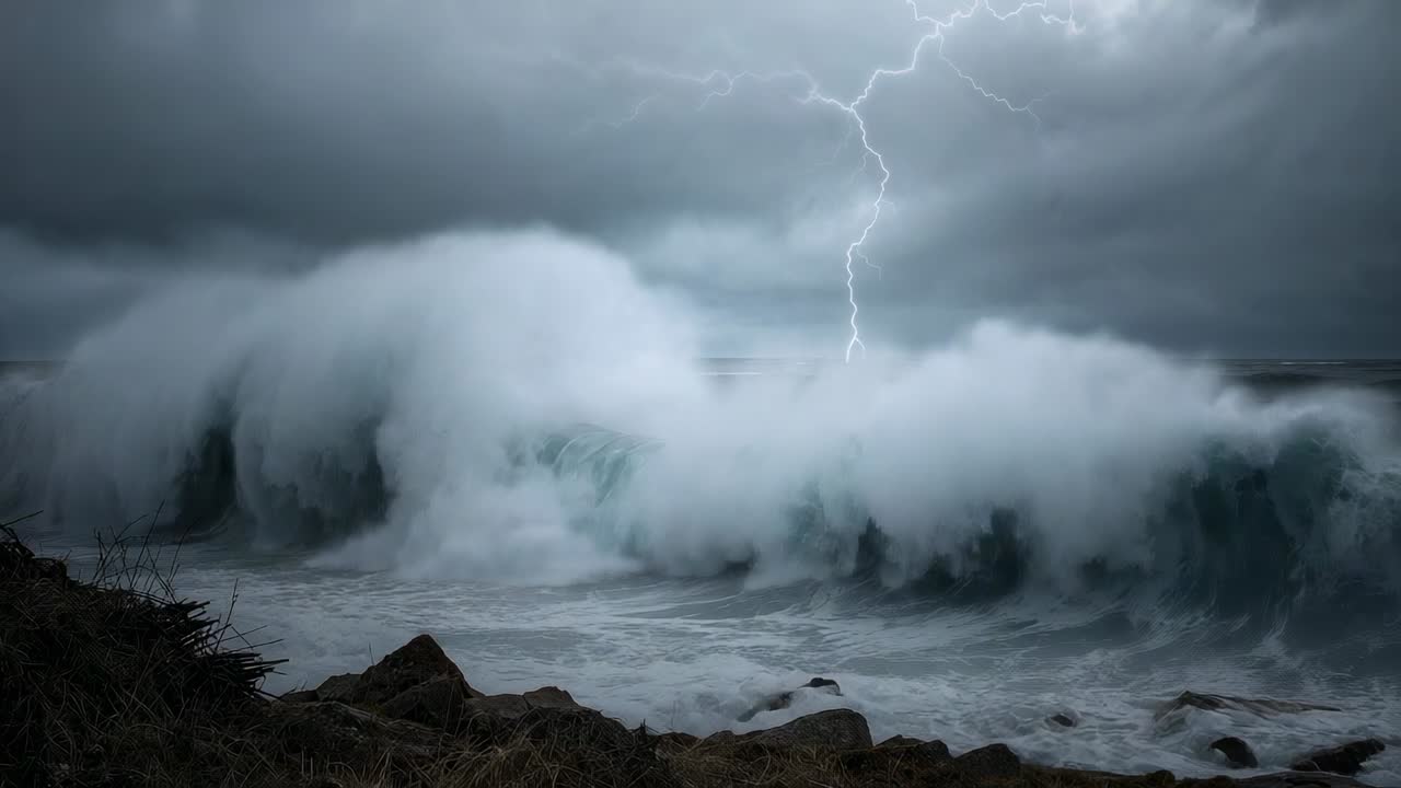 Forking lightning bolt illuminating storm wave crest crashing onto shoreline rocks, spraying foam
