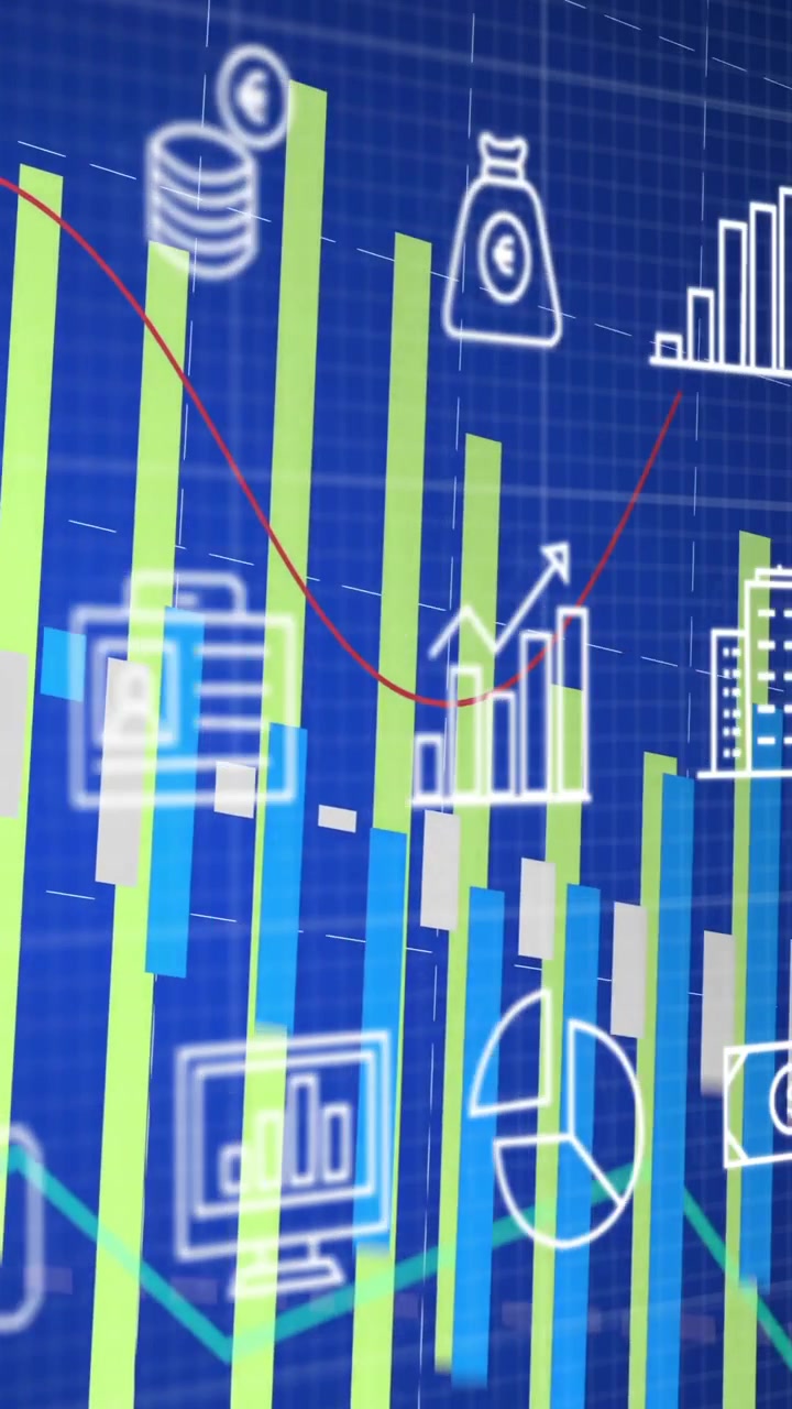 Animazione di grafici e diagrammi di dati finanziari su varie icone aziendali su sfondo blu