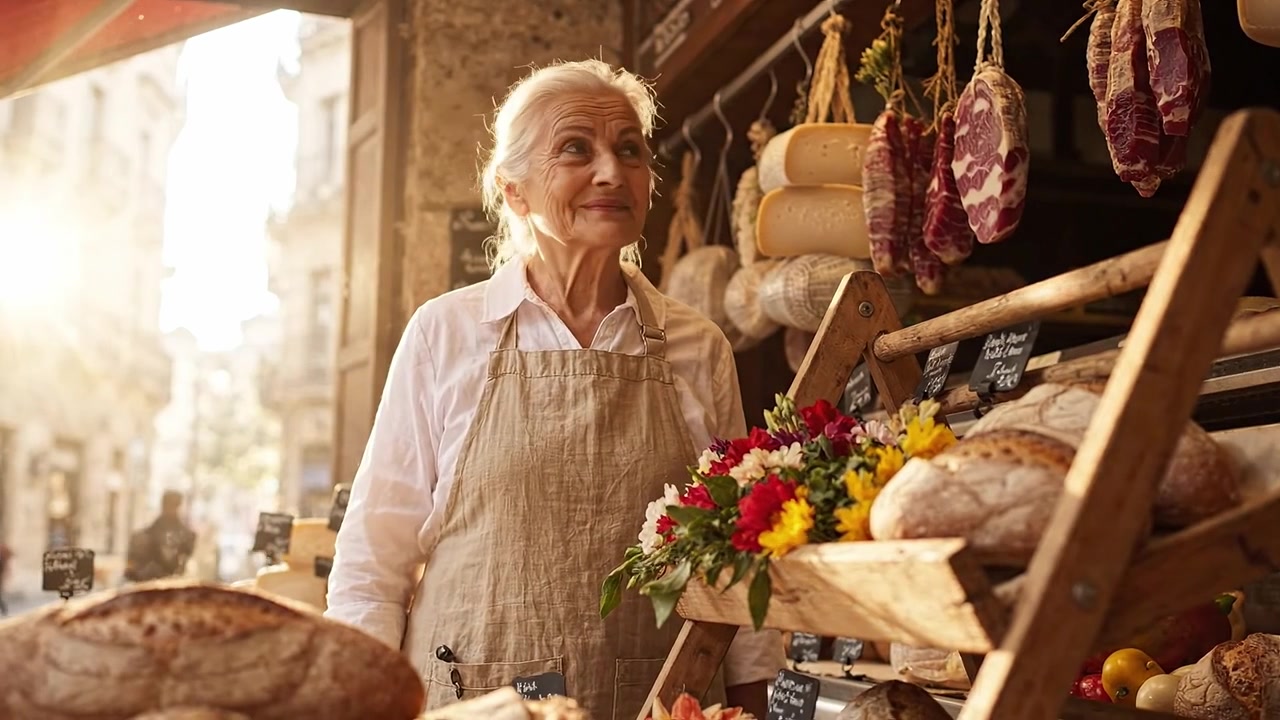 Un panettiere affabile sorride in una panetteria illuminata dal sole, circondato da pane fresco, fiori e salumi artigianali, creando un'atmosfera accogliente per i clienti.