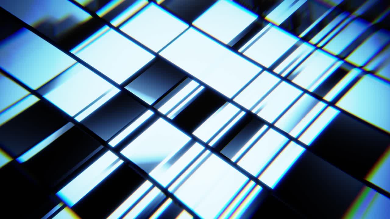 Motivo astratto futuristico di quadrati blu e bianchi in movimento.