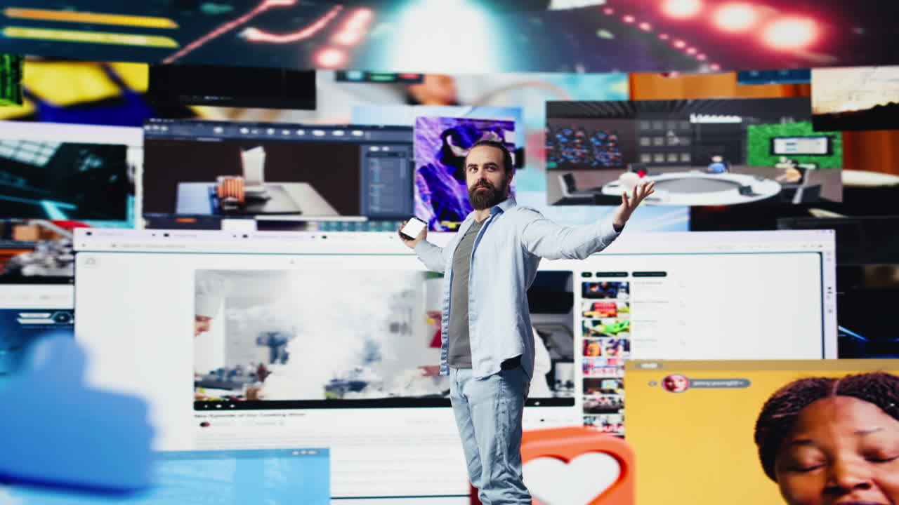 Young happy adult focused on online connection and scrolling on social pages