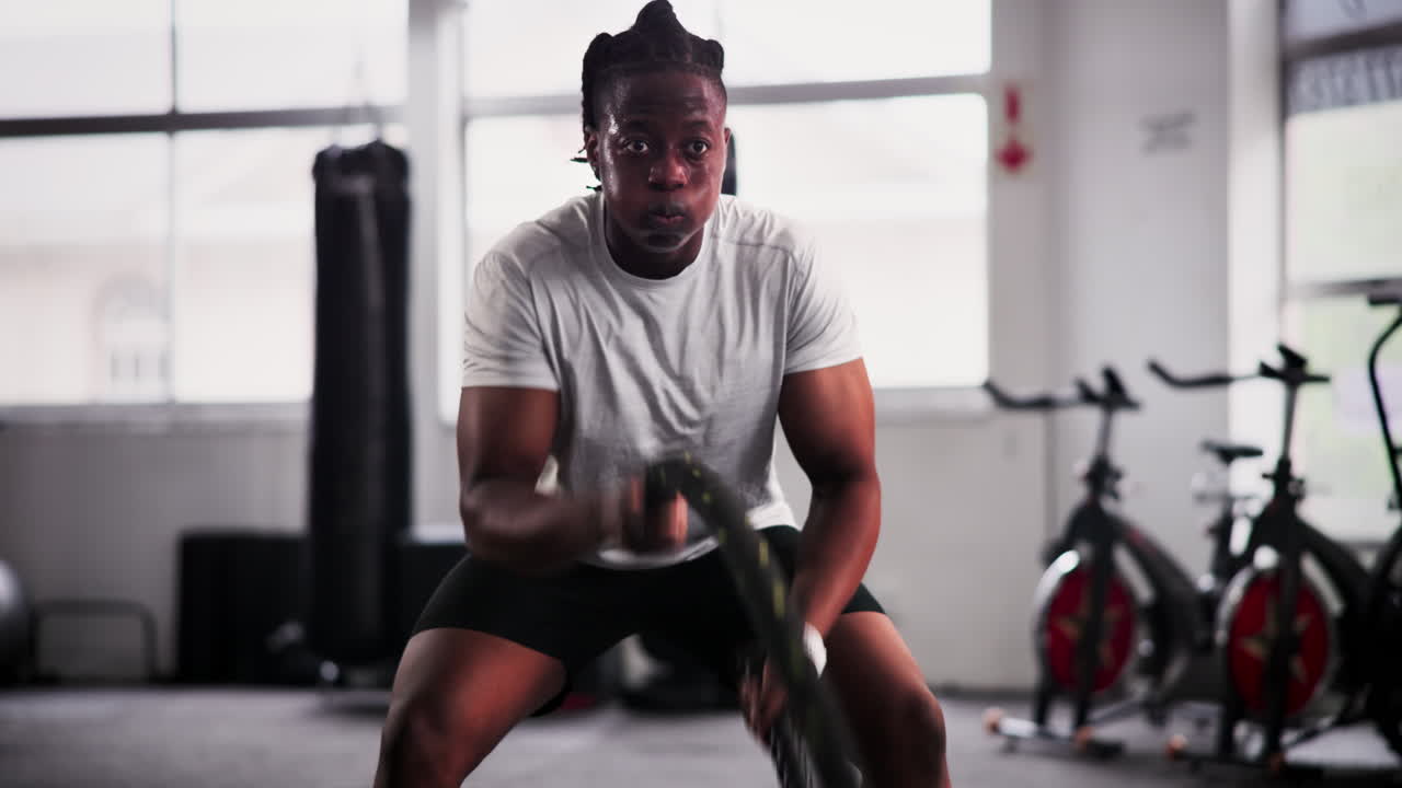 Man Working Out with Exercise Rope in Gym