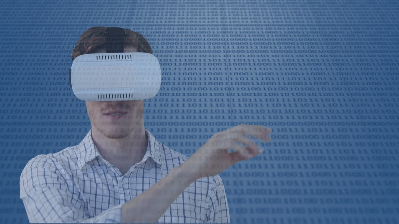 animazione di un uomo d'affari che indossa un auricolare vr su codifica binaria