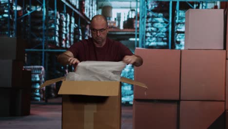 hombre caucásico de mediana edad con gafas desempaquetando y empacando una caja de cartón en un almacén