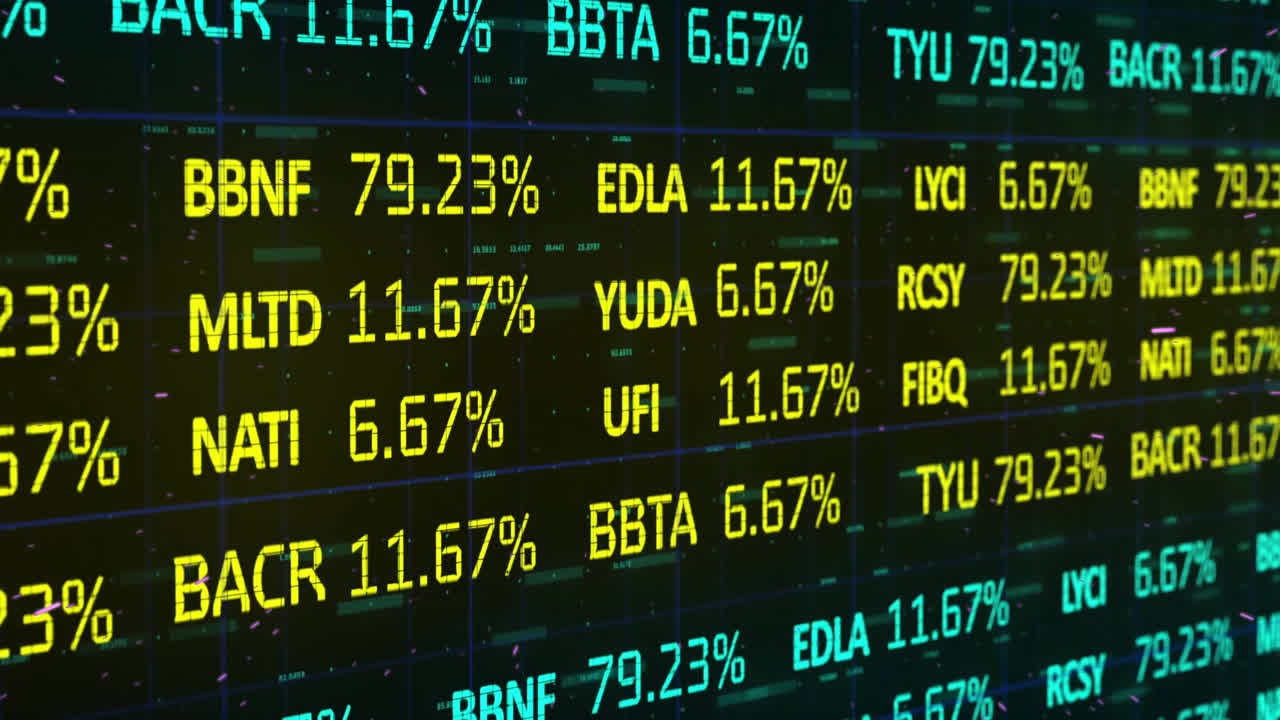 Animazione di dati del mercato azionario con percentuali e simboli di quotazione su schermo digitale