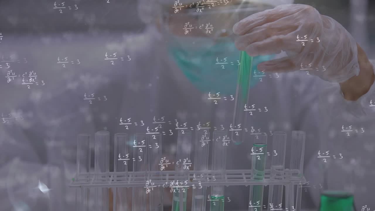 Lab tech reaching for green-cap tube, pipetting sample for analysis while equation overlay drifting