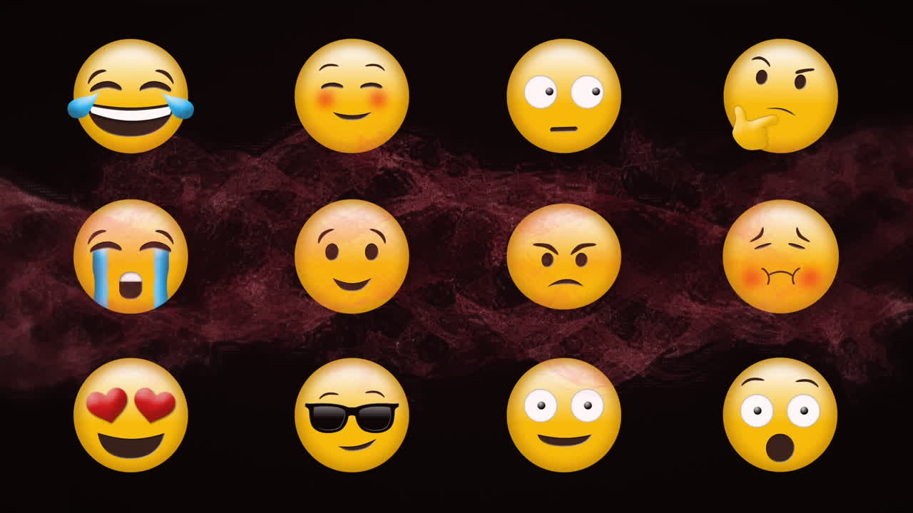 빨간색 움직이는 파도 위에 이모티콘 아이콘의 애니메이션