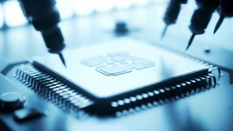 advanced machinery performs precise assembly of microchips, showcasing high-speed robotic arms and intricate components at a manufacturing site. engineers monitor the process carefully.