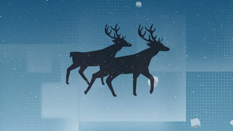 animación de nieve cayendo sobre renos moviéndose sobre un fondo azul