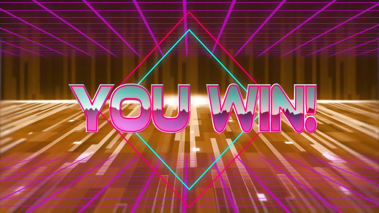 You win! text animation over neon grid background with geometric shapes