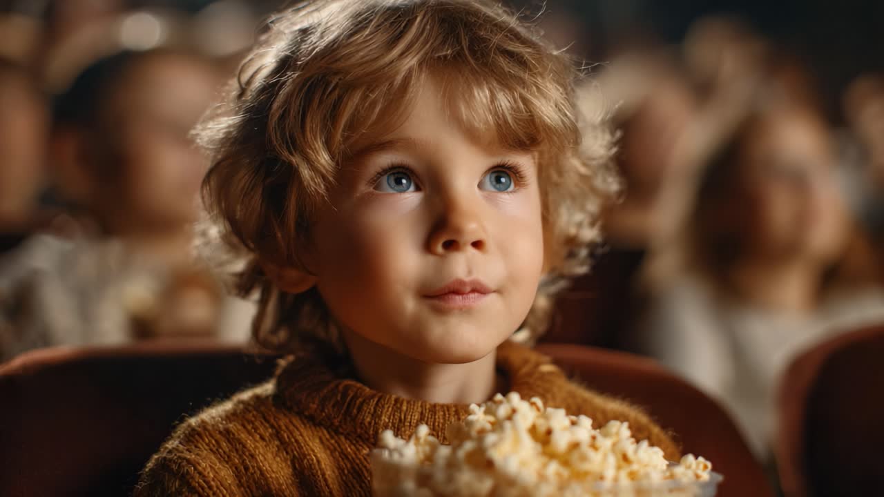 Captivated by the Big Screen: A Young Boy Mesmerized by a Movie in a Theater with a Bowl of Popcorn in Hand