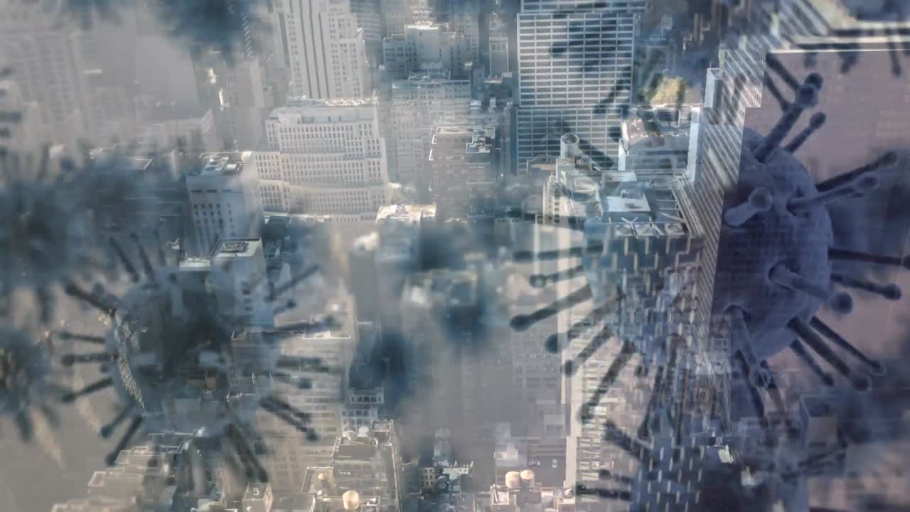 맥로 코로나 바이러스가 도시 풍경을 배경으로 퍼지고 있습니다.