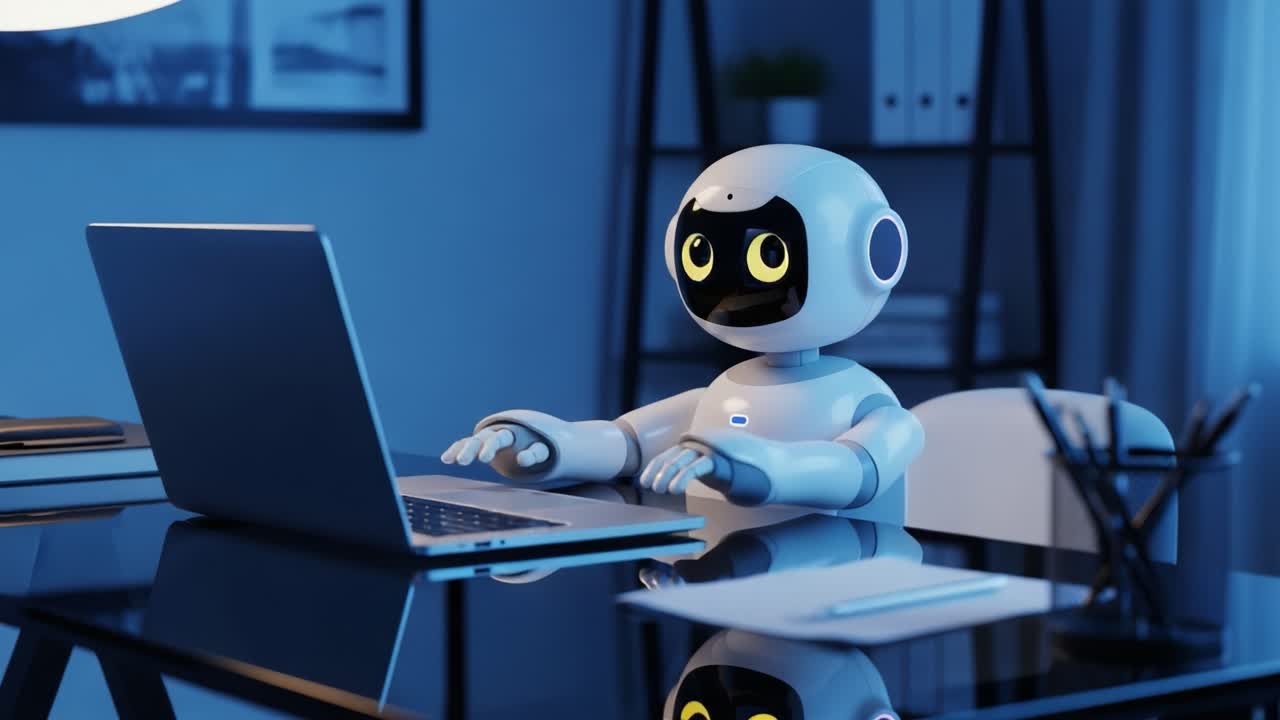 A charming robotic figure engaged in computer activities, illuminated by soft blue lighting, showcasing modern technology and artificial intelligence in a cozy workspace setting.
