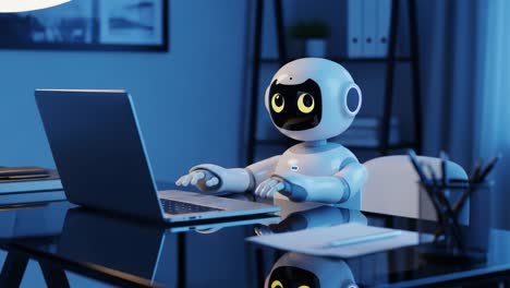 a charming robotic figure engaged in computer activities, illuminated by soft blue lighting, showcasing modern technology and artificial intelligence in a cozy workspace setting.
