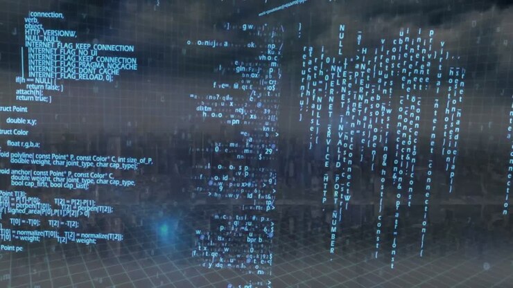 Animation of data processing over cityscape on blue background