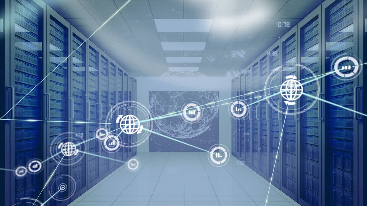 Animation of network of digital icons and globe of network of connections against server room