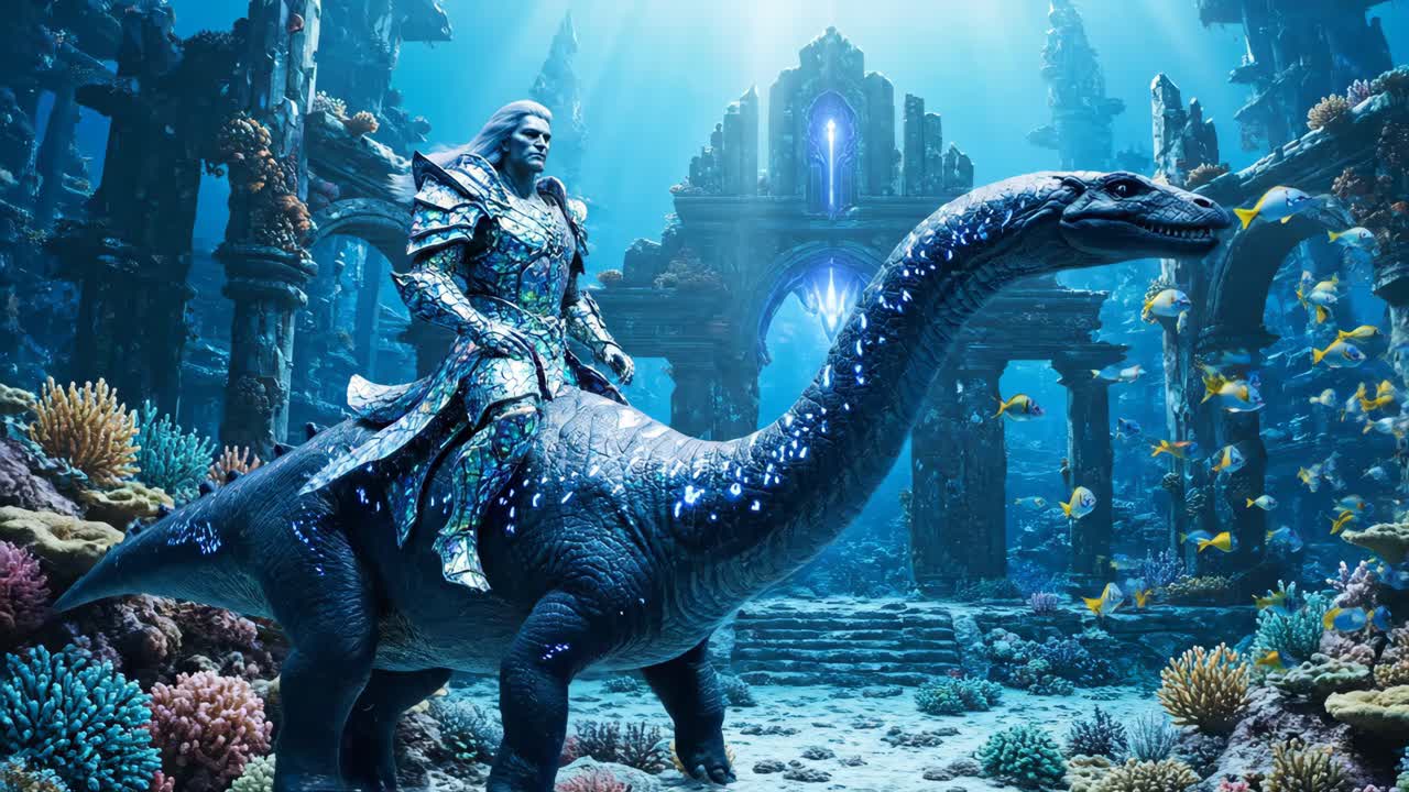 Underwater Knight Riding a Dinosaur Through Ancient Ruins