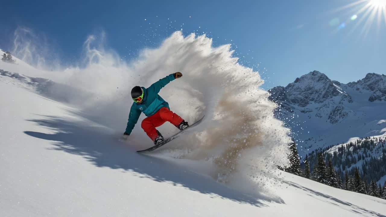 A Thrilling Snowboarder Carving Through Powdery Snow under the Bright Blue Sky and Majestic Mountains, Capturing the Essence of Winter Sports Adventure