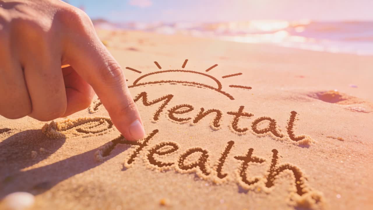 Appearing adult hand tracing and carving Mental Health in wet sand at beach, adding sun symbol