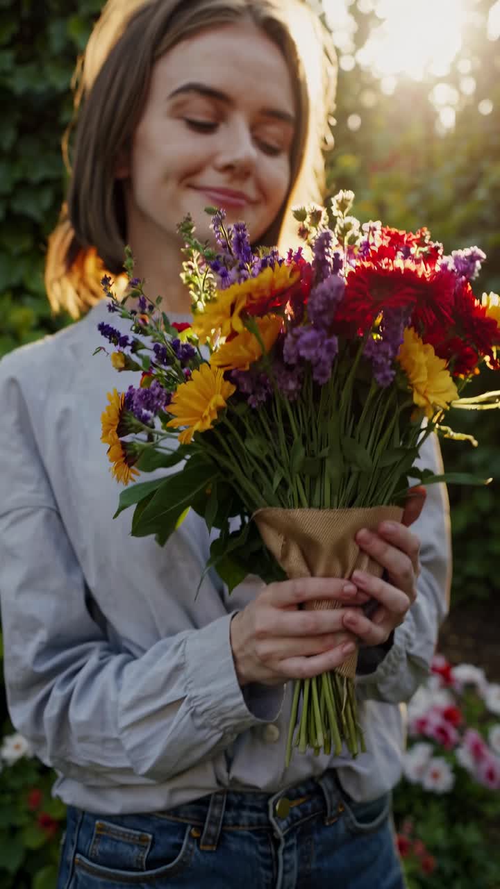 A woman holds a vibrant bouquet of flowers, with sunlight filtering through leaves