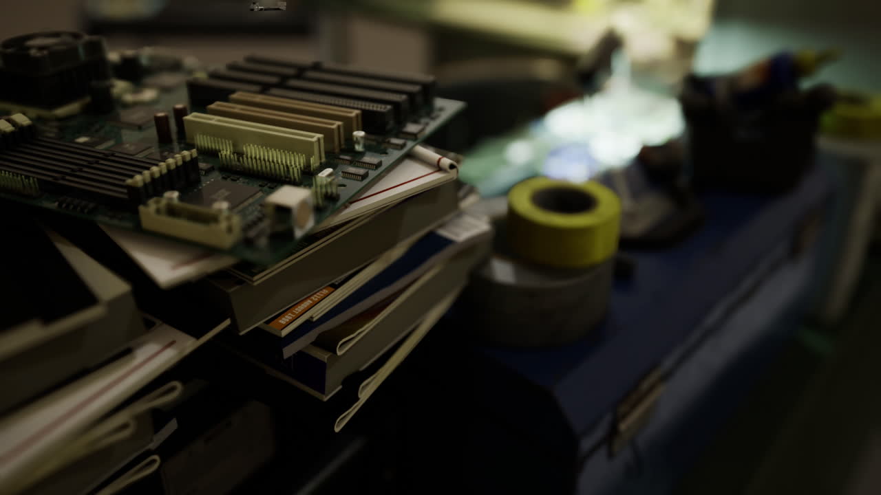 Circuit boards and tools on a workbench during a late night electronics project