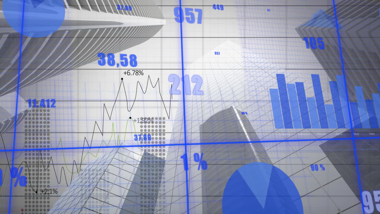 animación de múltiples gráficos con números cambiantes sobre vista de ángulo bajo de edificios modernos