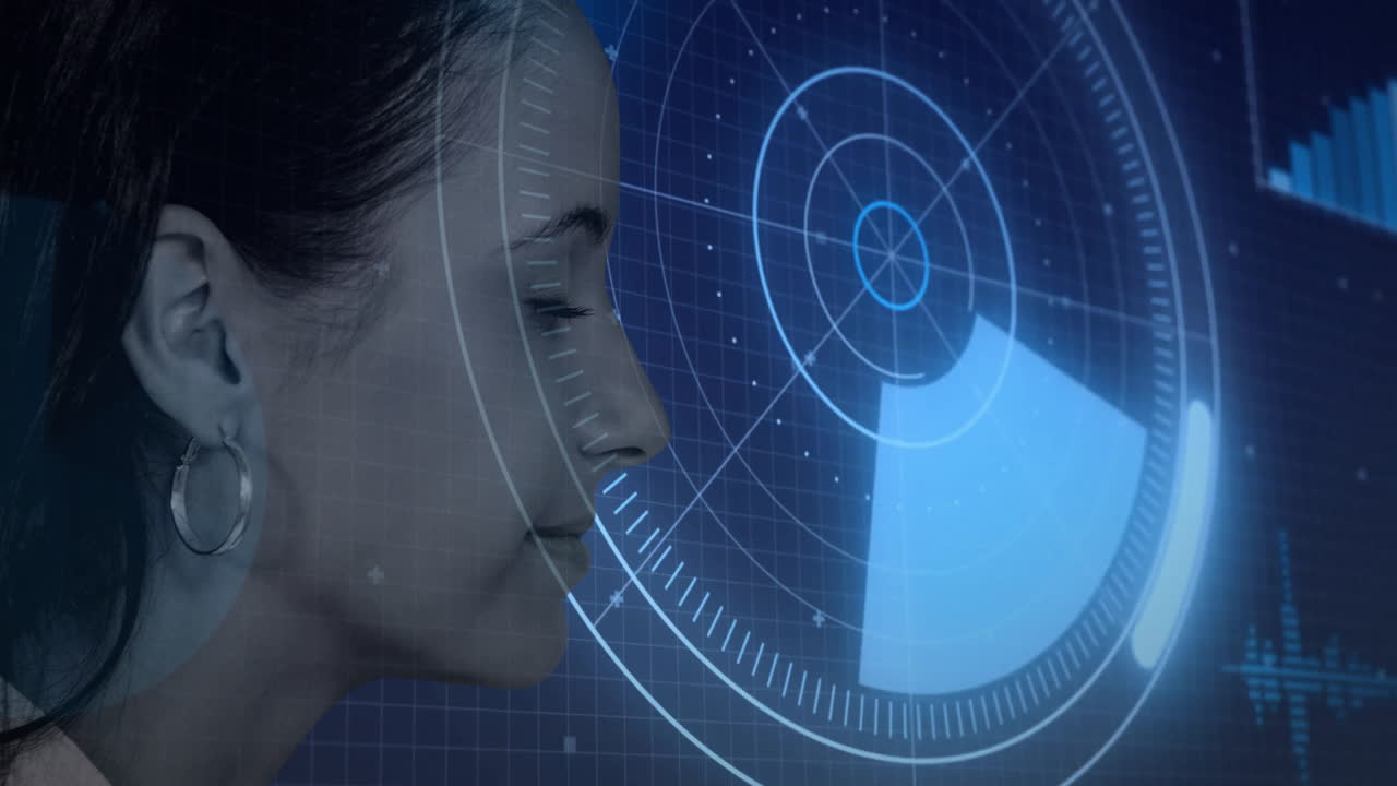 Profile of woman with digital radar and data processing animation overlay