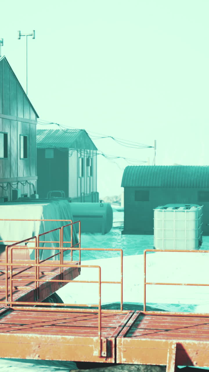Metal stairs and platform in a snowy industrial area