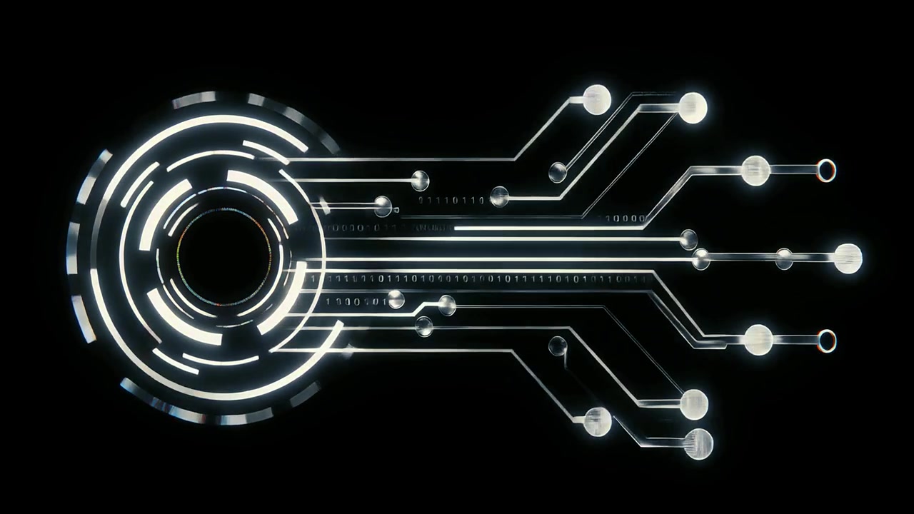 Futuristic Digital Circuit Board with Glowing Data Flow and Binary Code