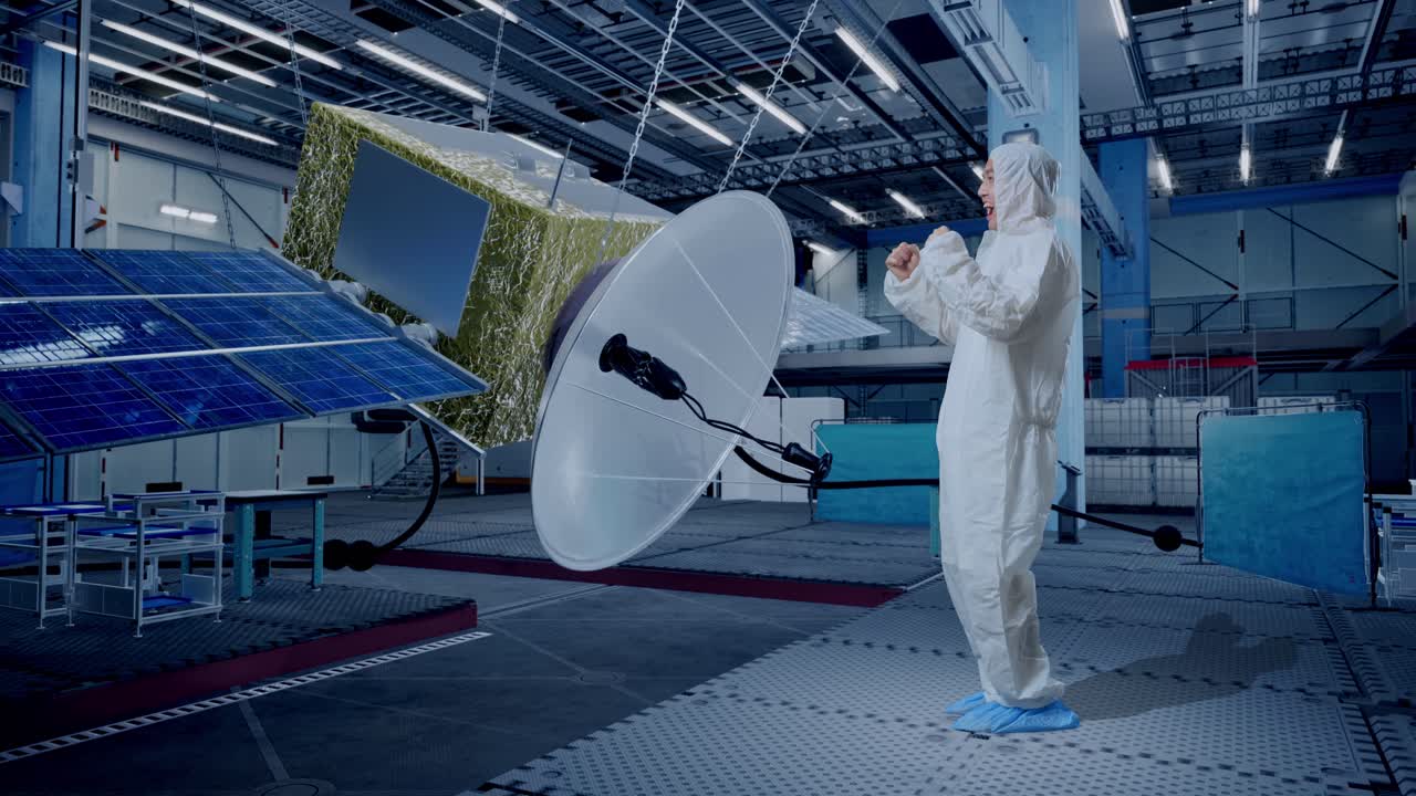 아시아 남성 과학자가 우주선 건설을 위해 서 있는 동안 성공을 축하하는 전체 몸의 측면 시각