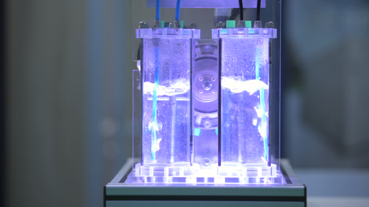 전해조 시연기의 물이 있는 튜브의 수소 가스 거품, 푸른 빛