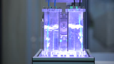 burbujas de gas hidrógeno en tubos con agua en un demostrador electrolizador, luz azul