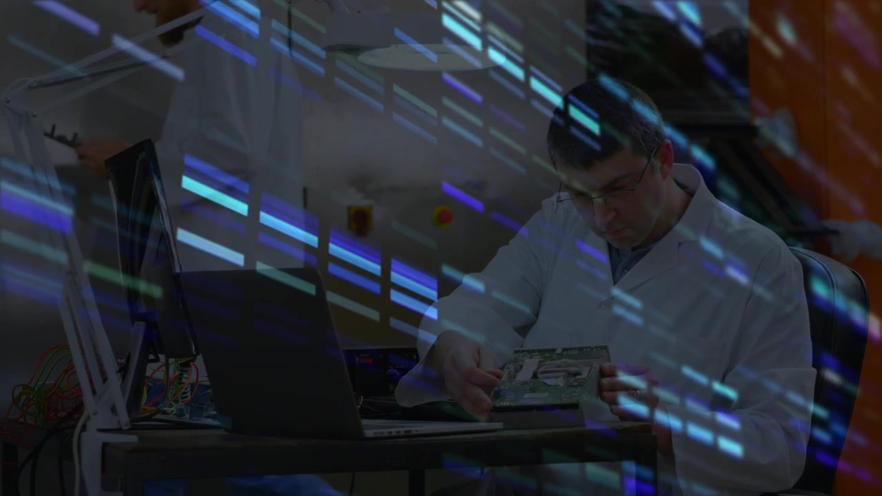 Animation of data processing over caucasian male scientists