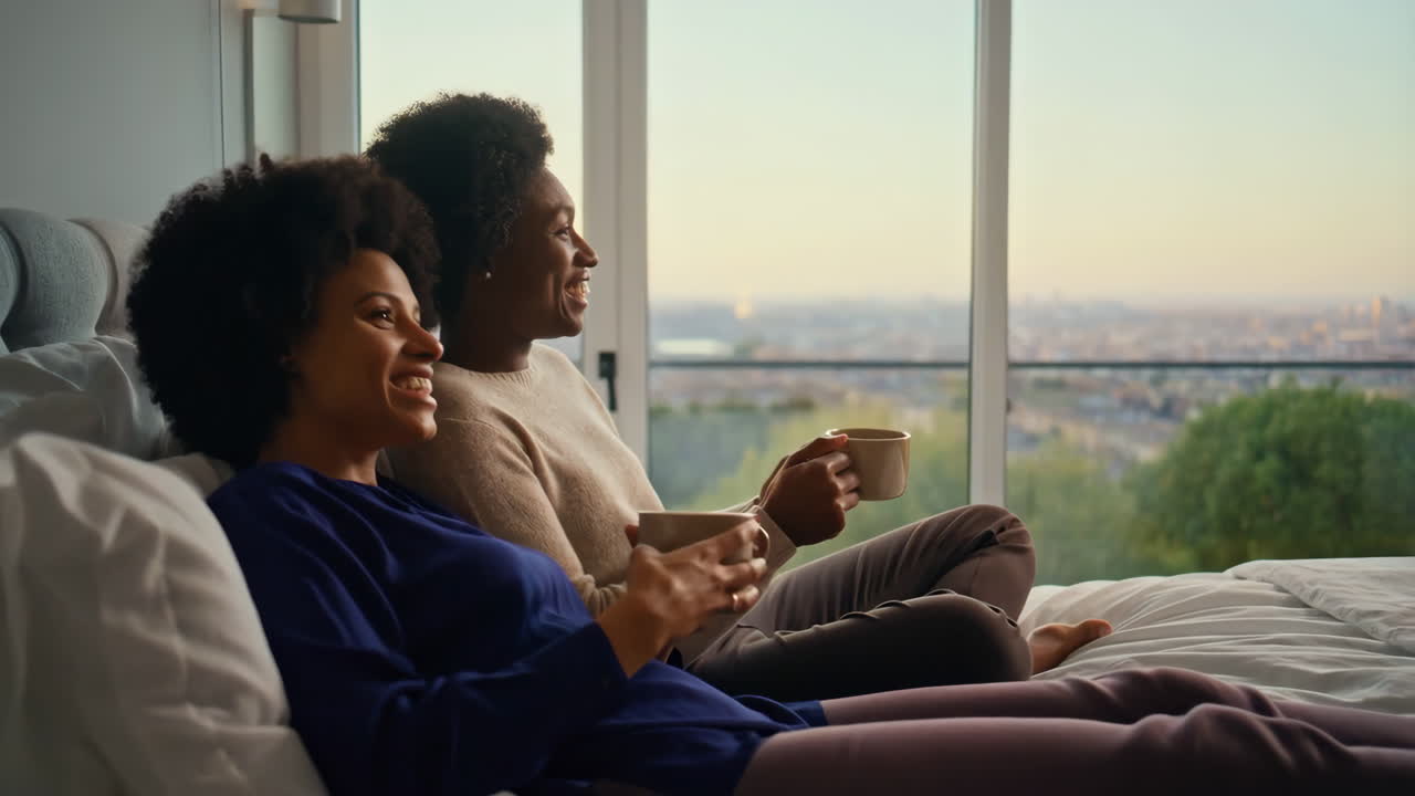 Due donne che gustano un caffè con vista sulla città dal letto