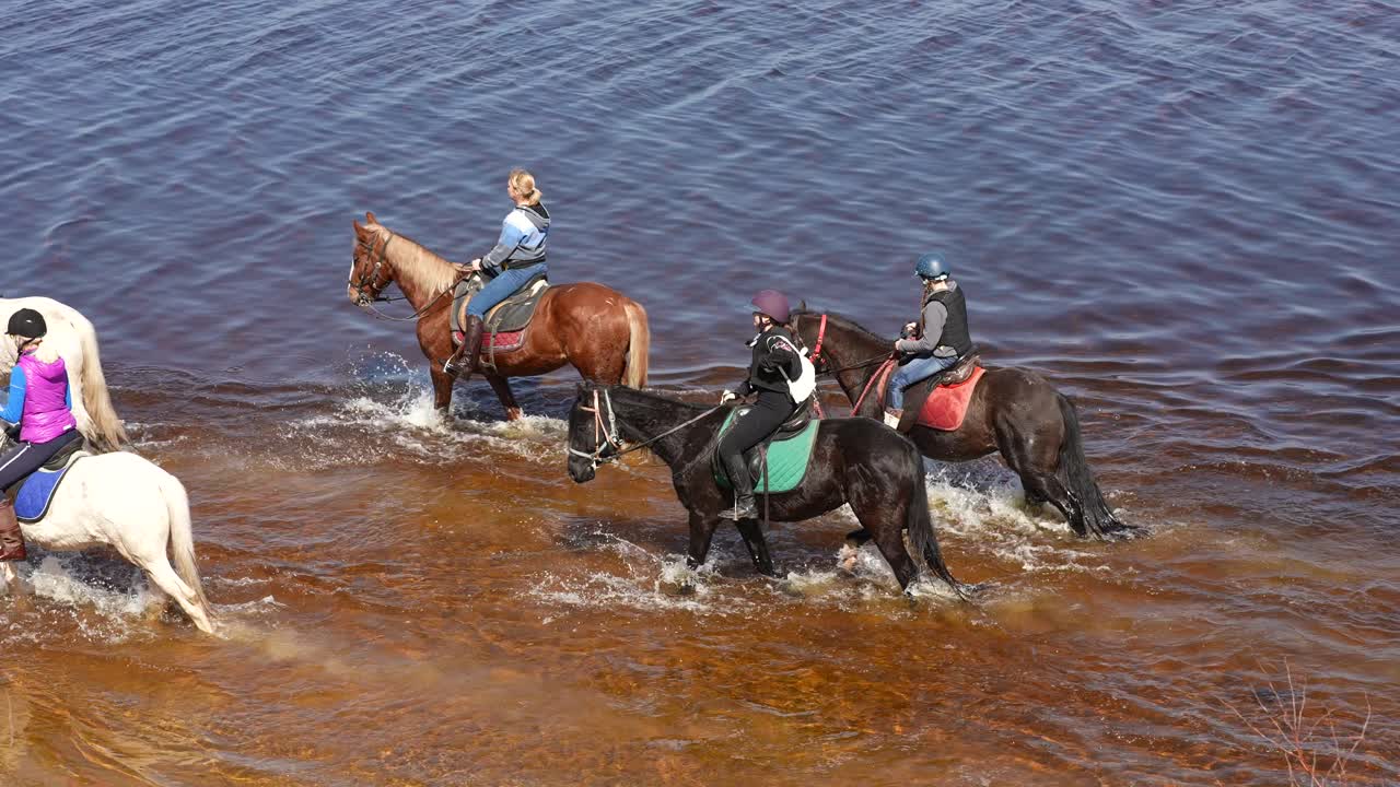 personas montando caballos en un río