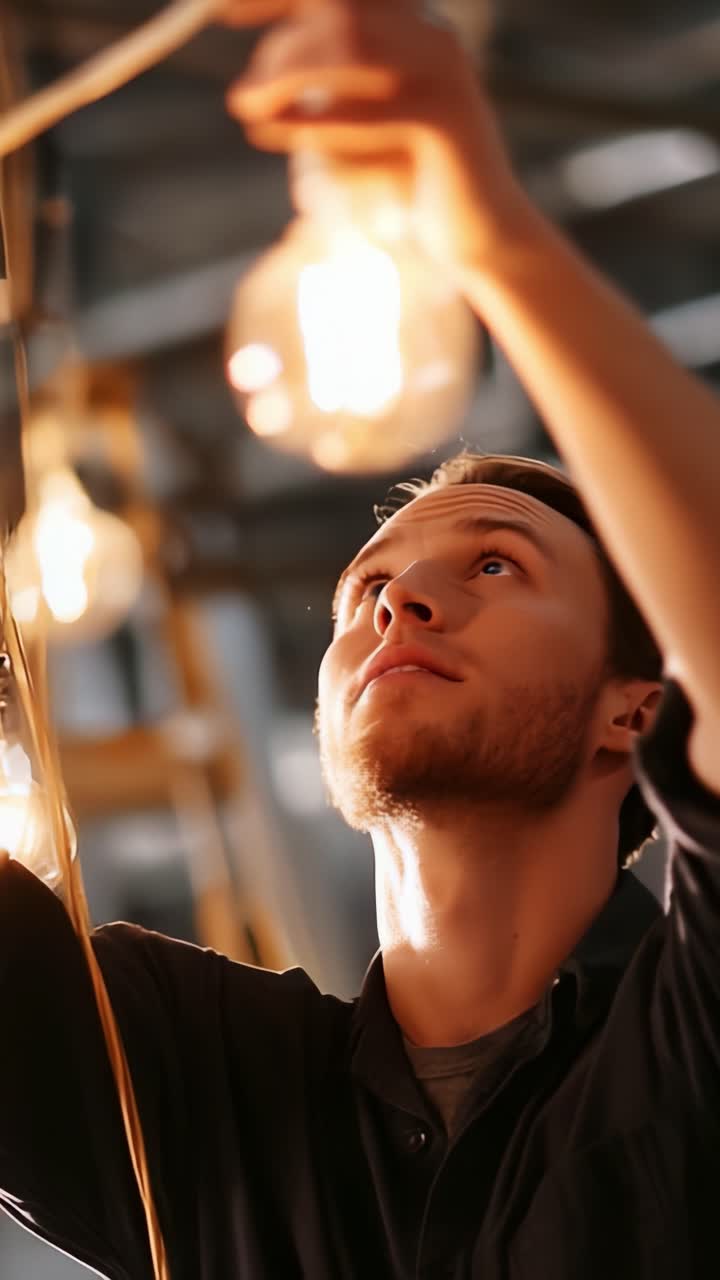 Un giovane uomo modifica con cura le lampadine sospese in uno spazio industriale, mettendo in mostra la delicata interazione tra luce e ombra mentre migliora l'atmosfera.