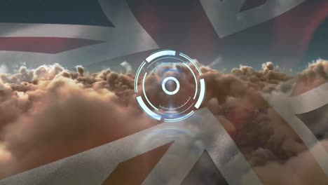 animation of safe lock rotating over uk flag and cloudy sky