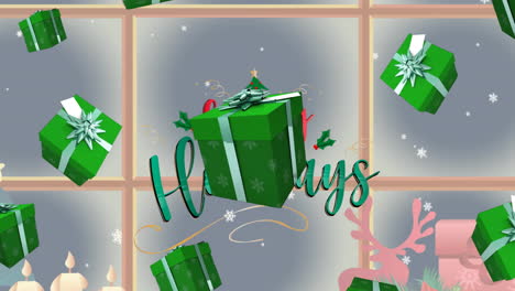 animation of happy holidays text over presents falling and window at christmas