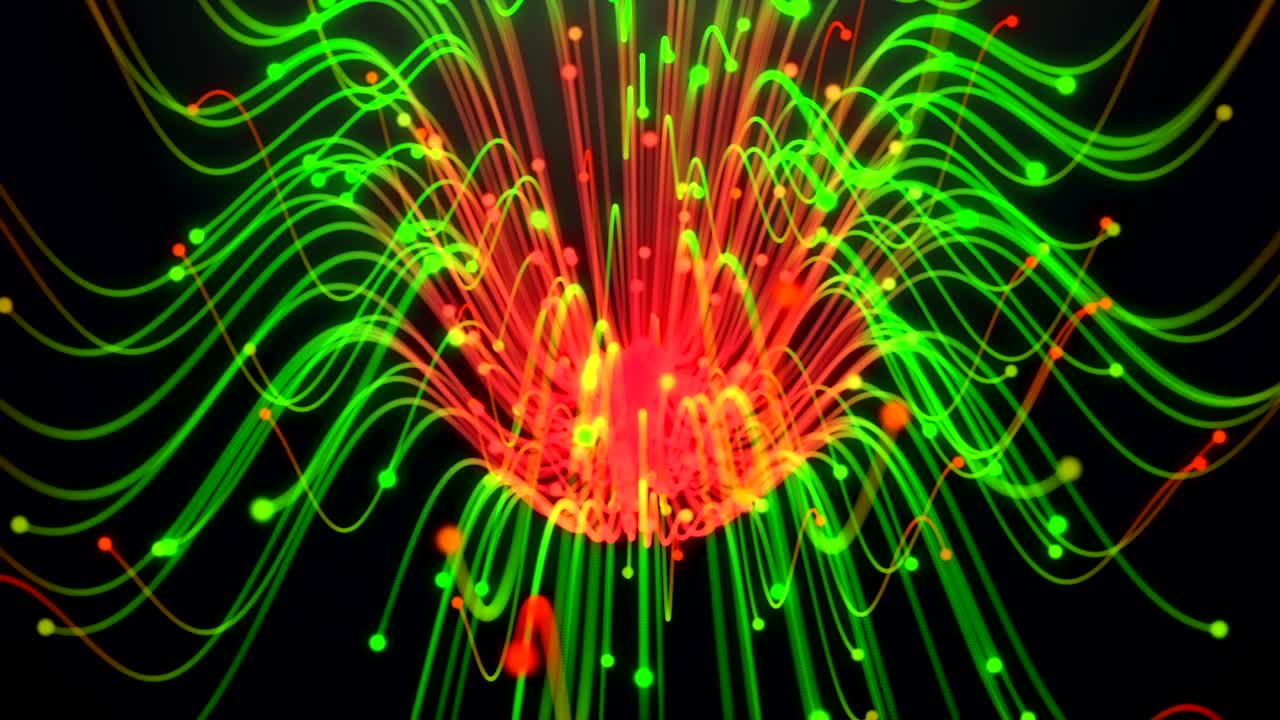 línea de partículas coloridas, líneas brillantes y partículas de luz en animación oscura renderización 3d