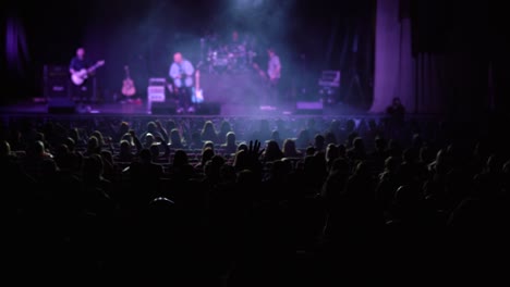 audience watching concert in the theater raising hands in tune of music. - wide shot